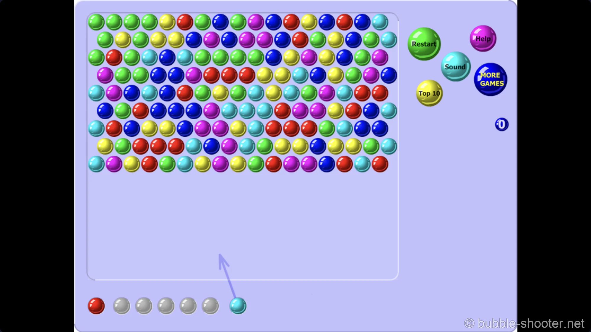 Classic Bubble Shooter game interface showing the full board layout, current shooter bubble, and the next bubble preview